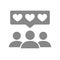 People with chat bubble and hearts grey icon. Client satisfaction, happy customers, positive feedback, love, like sign