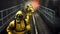 People in chemical protective clothing run out of the tunnel to go to fight the epidemic. The concept of a post