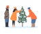 People Choosing Christmas Tree Preparing for Holiday Celebration Cartoon Style Vector Illustration