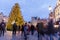 People at the Christmas market in Grote Markt square in Antwerp, Belgium at dusk