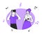 People in circular border vector illustration. Music listening enjoyment, pleasure, positive emotions. Young couple with