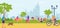People in city park, walking, bicycling, sitting on bench, doing yoga vector illustration. Urban cityscape and citizens