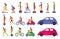 People on city transport. Electric scooter hoverboard, segway and roller skates. Town vehicle and transport car vector