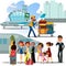 People climb ladder aboard plane, landing men and women on airplane at airport vector illustration, passengers with bags