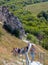 People climb the plateau of the natural reserve Divnogorye, Voronezh region