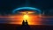 people on the coast sit on the sand and look at the UFO. an alien ship hovers over the beach at night, emitting a bright light.