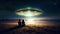 people on the coast sit on the sand and look at the UFO. an alien ship hovers over the beach at night, emitting a bright light.