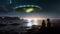 people on the coast sit on the sand and look at the UFO. an alien ship hovers over the beach at night, emitting a bright light.