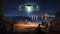 people on the coast sit on the sand and look at the UFO. an alien ship hovers over the beach at night, emitting a bright light.
