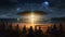 people on the coast sit on the sand and look at the UFO. an alien ship hovers over the beach at night, emitting a bright light.