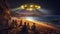 people on the coast sit on the sand and look at the UFO. an alien ship hovers over the beach at night, emitting a bright light.