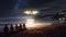 people on the coast sit on the sand and look at the UFO. an alien ship hovers over the beach at night, emitting a bright light.