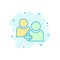 People communication user profile icon in comic style. People with plus sign vector cartoon illustration pictogram. Partnership