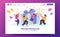 People company celebrate birthday, landing page template. Friends characters greeting, event gifts. Happy boys and girls