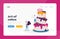 People Cook Festive Cake with Cream Landing Page Template. Tiny Characters in Chef Uniform and Cap