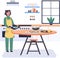 People cooking vegetarian food. Vector illustration. Cute girl cooking homemade meals in kitchen