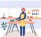 People cooking vegetarian food. Vector illustration. Cute girl cooking homemade meals in kitchen