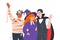 People in costumes for Halloween night, vampire, witch and mummy