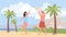 People couple play beach volleyball, summer vacation in tropical resort seashore