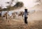 People with the cows going home in Bagan, Myanmar