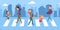 People cross road. Teenagers children at pedestrian crossing. Safety and traffic regulations vector illustration