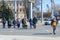 People cross street at pedestrian crossing, Gomel, Belarus. Absence of quarantine in country during WHO pandemic