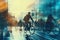 People cycling in city, motion blur. Generative AI.