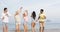 People Dancing On Beach, Happy Friends Mix Race Group Tourists Sea Vacation