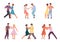 People dancing in pairs set. Stylish male and female characters perform incendiary tango guy girl in rhythm of salsa