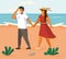 People on date are spending time together on beach. Couple in relationship walks by handle near sea