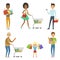 People of different ages make shopping. Vector characters isolate on white