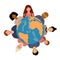 People of different nationalities and ages located around the Earth planet. Unity of different people. Vector illustration in flat