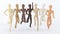 People of different nationalities jump on a white background. Mannequins with different skin color. The concept of unity and frien