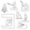 People digging, excavating or drilling thin line icon set. Vector outline icons.