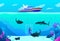 People diving vector illustration, cartoon flat professional scuba diver character swimming with shark, extreme under