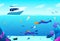 People diving vector illustration, cartoon flat underwater panoramic blue seascape with freediver characters swimming