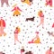 People and dogs - seamless pattern of pet owners holding or walking a dog