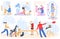People with dogs vector woman washing cute pet and doing yoga. Man training and playing with doggy outdoor. Illustration