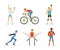 People doing different sports set. Athletes cycling, weightlifting, doing gymnastics, playing basketball and tennis