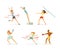 People doing different sports set. Athletes playing tennis, running, throwing javelin, boxing, swimming vector