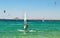 People doing kitesurf and windsurf at Naxos island Cyclades Greece