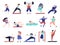 People doing sport. Workout characters, active male female sport exercise. Flat friends training, tennis yoga jogging