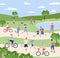 People doing sports and recreating in park, flat cartoon vector illustration