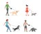 People with domestic pets vector flat illustration isolated on white background. Pet care, pet sitter concept.
