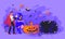 People dressed in Halloween fancy dress on website banner flat vector illustration.