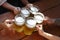 People drinking beer in a traditional Bavarian beer garden