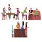 People Drinking Coffee and Relaxing at Coffeehouse or Cafe Set, Restaurant Employees and Visitors Vector Illustration