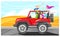 People drive car, road drive automobile, vehicle speed, happy young people road, design, cartoon style vector