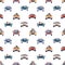 People driving colorful cars seamless pattern vector flat illustration. Front view of man, woman, children and pet at