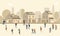 People in dust mask. Men and women suffering from dust in cityscape. Vector illustration
